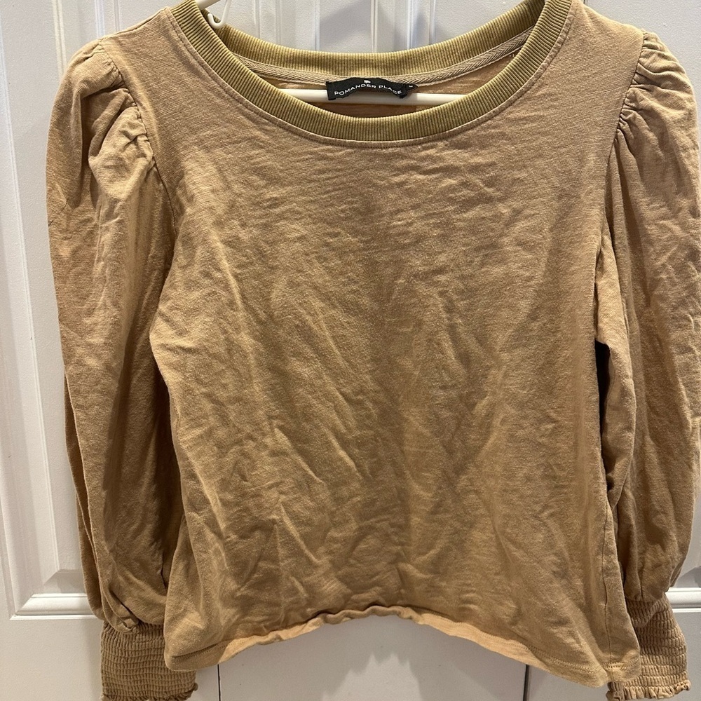 Pomander Place Puff Sleeve Top Womens Taupe Long Sleeve Pullover Blouse Size M